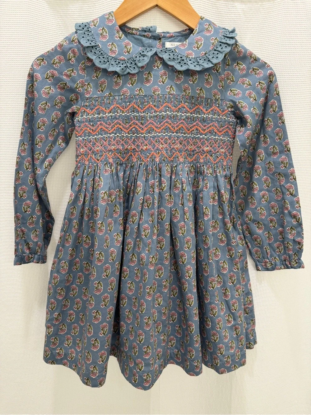 NEXT Girls' Blue Floral Smocked Long-Sleeve Dress
